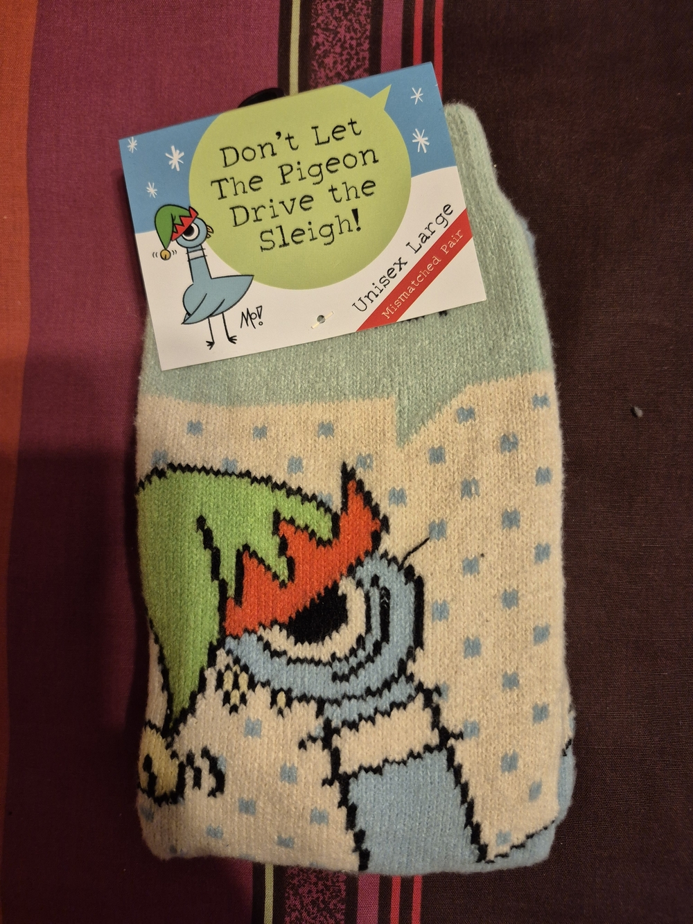 Don't Let The Pigeon Drive the Sleigh! Holiday Pigeon Socks - Cream & Light Blue